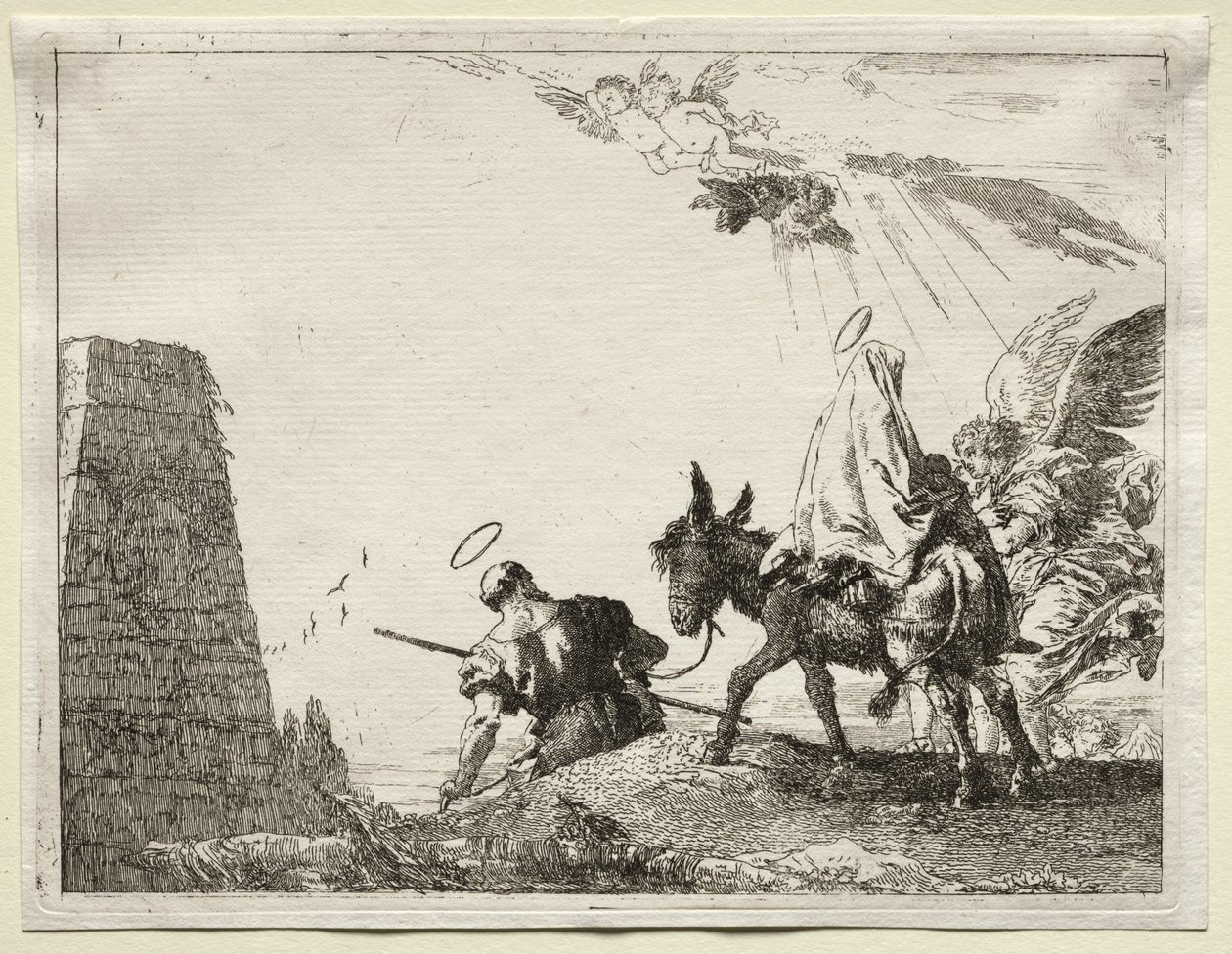 Let do Egypta: Svatá rodina procházející poblíž pyramidy od Giovanni Domenico Tiepolo