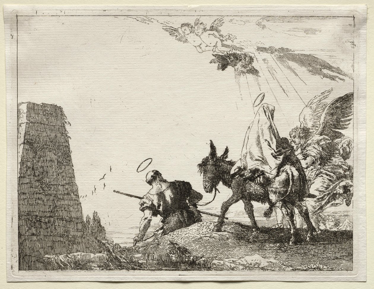 Let do Egypta: Svatá rodina procházející poblíž pyramidy. od Giovanni Domenico Tiepolo