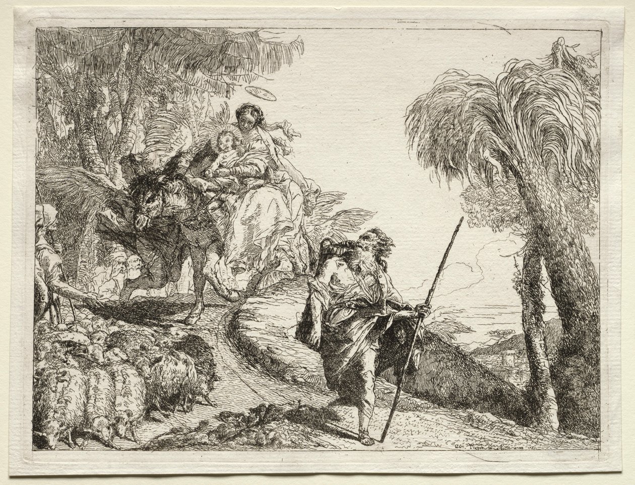 Útěk do Egypta: Svatá rodina a stádo ovcí. od Giovanni Domenico Tiepolo