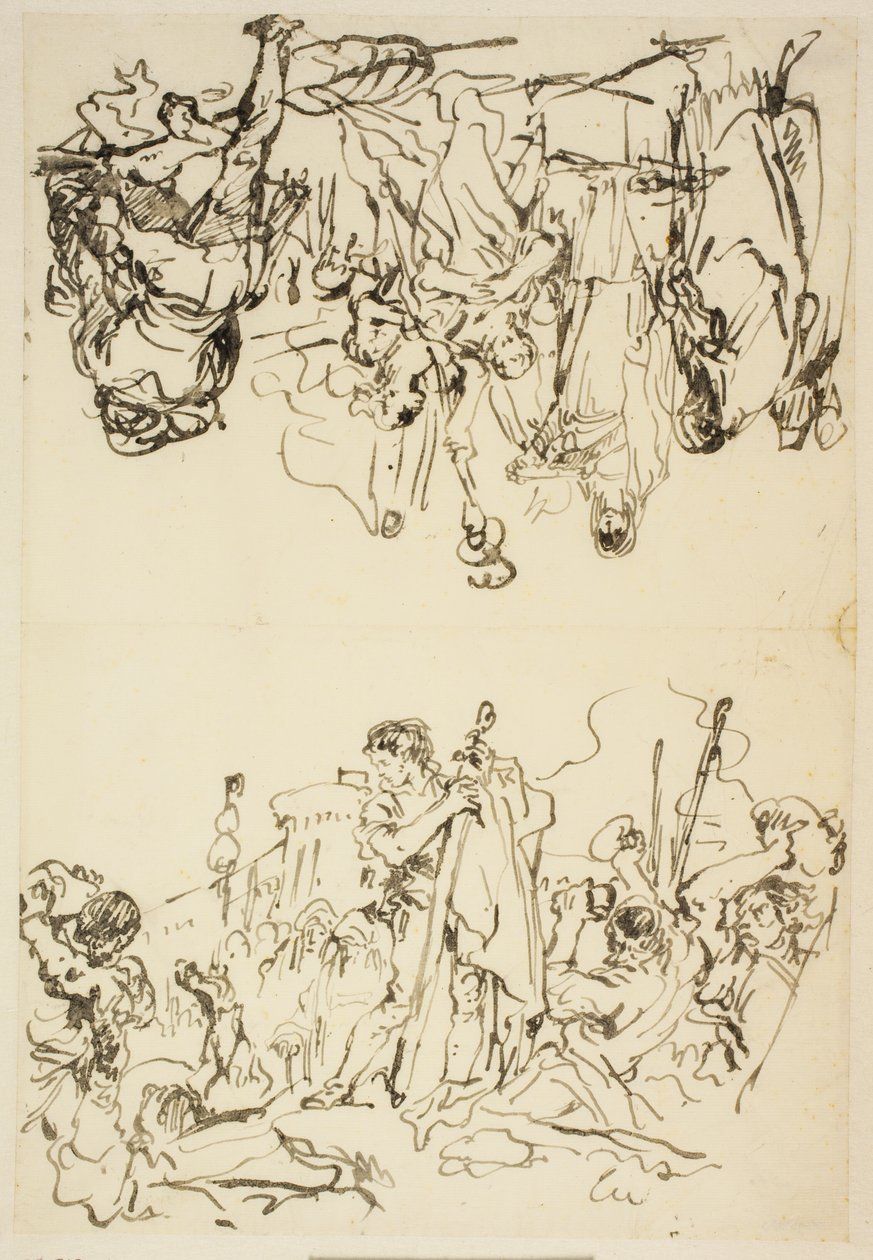 Skládaný list s "Mučednictvím svatého Štěpána a Agrippiny vylodění v Brindisi s popelem Germanica" od Giovanni Domenico Tiepolo