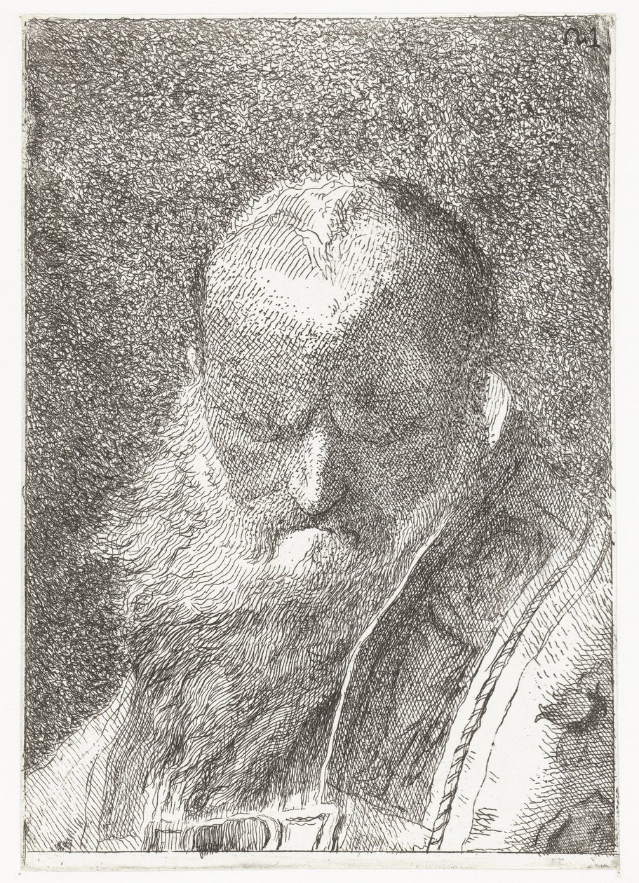 Klerik s holou hlavou v ornátu Sbírka hlav (název série) Raccolta di Teste (název série) od Giovanni Domenico Tiepolo