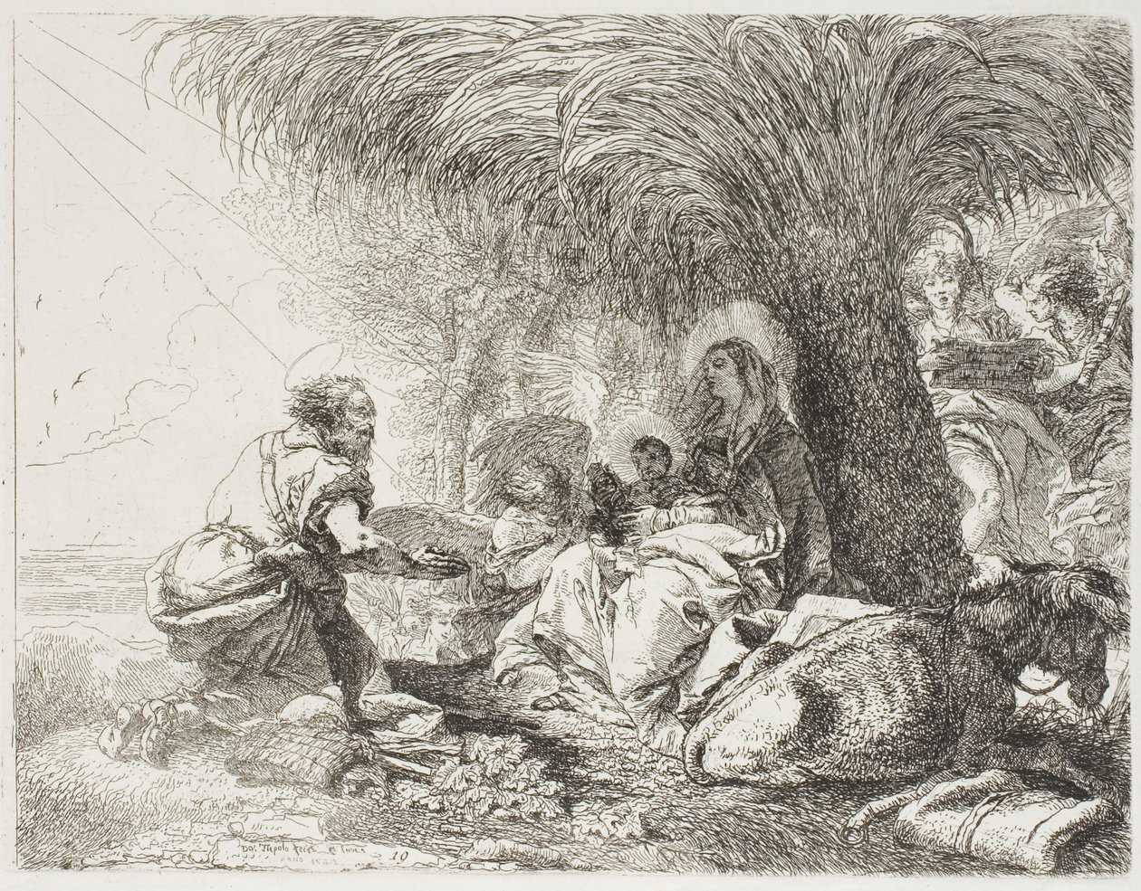 Joseph zbožňující dítě, zatímco dva andělé zpívají, deska devatenáctá z filmu Útěk do Egypta od Giovanni Domenico Tiepolo