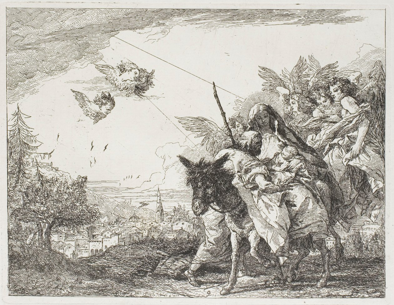 Josef se klaní dítěti, které drží v Mariině náručí, deska 9 z knihy Útěk do Egypta od Giovanni Domenico Tiepolo