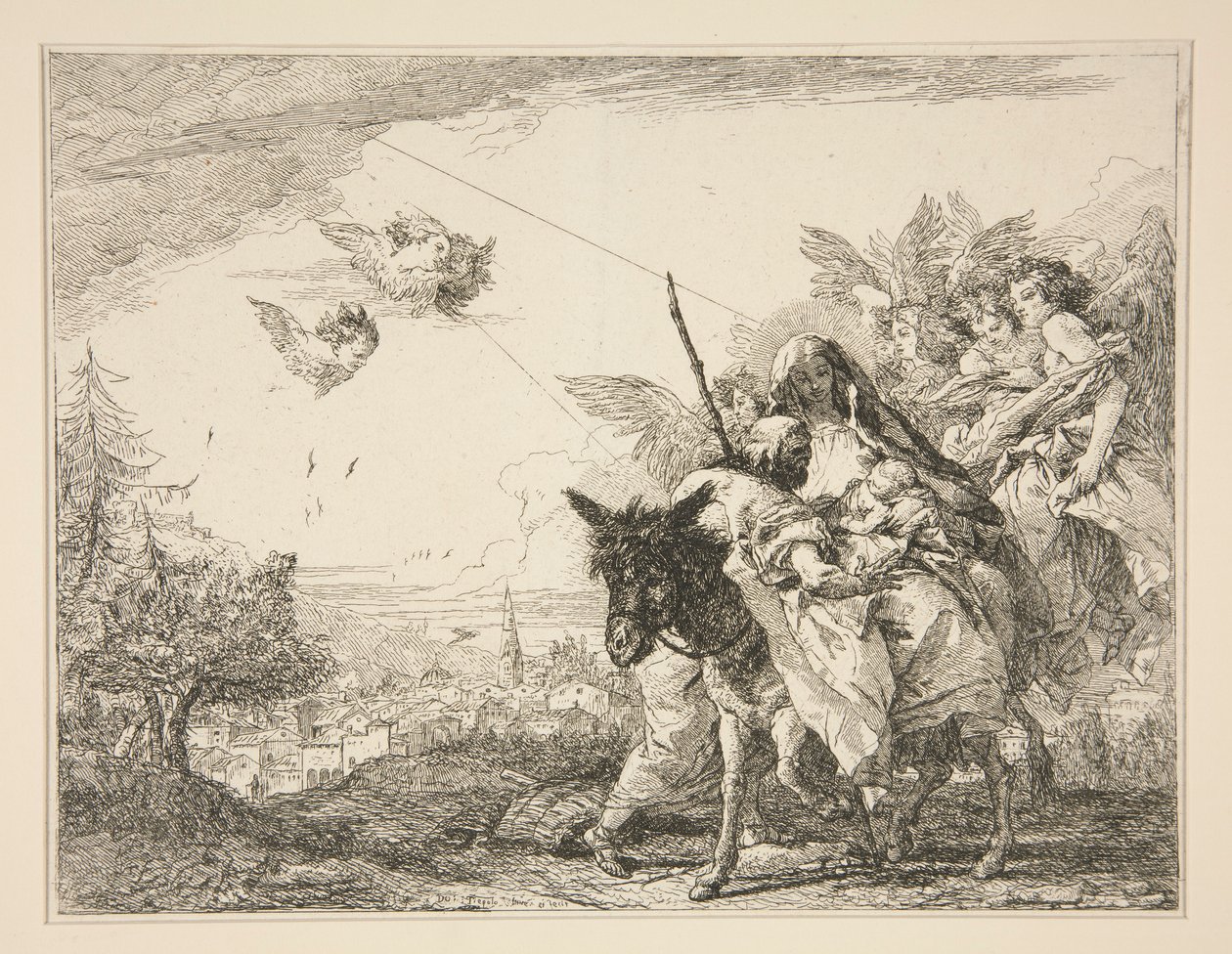 Josef uvažuje o Jezulátku ze série Malebné představy o útěku do Egypta (Flight into Egypt) od Giovanni Domenico Tiepolo