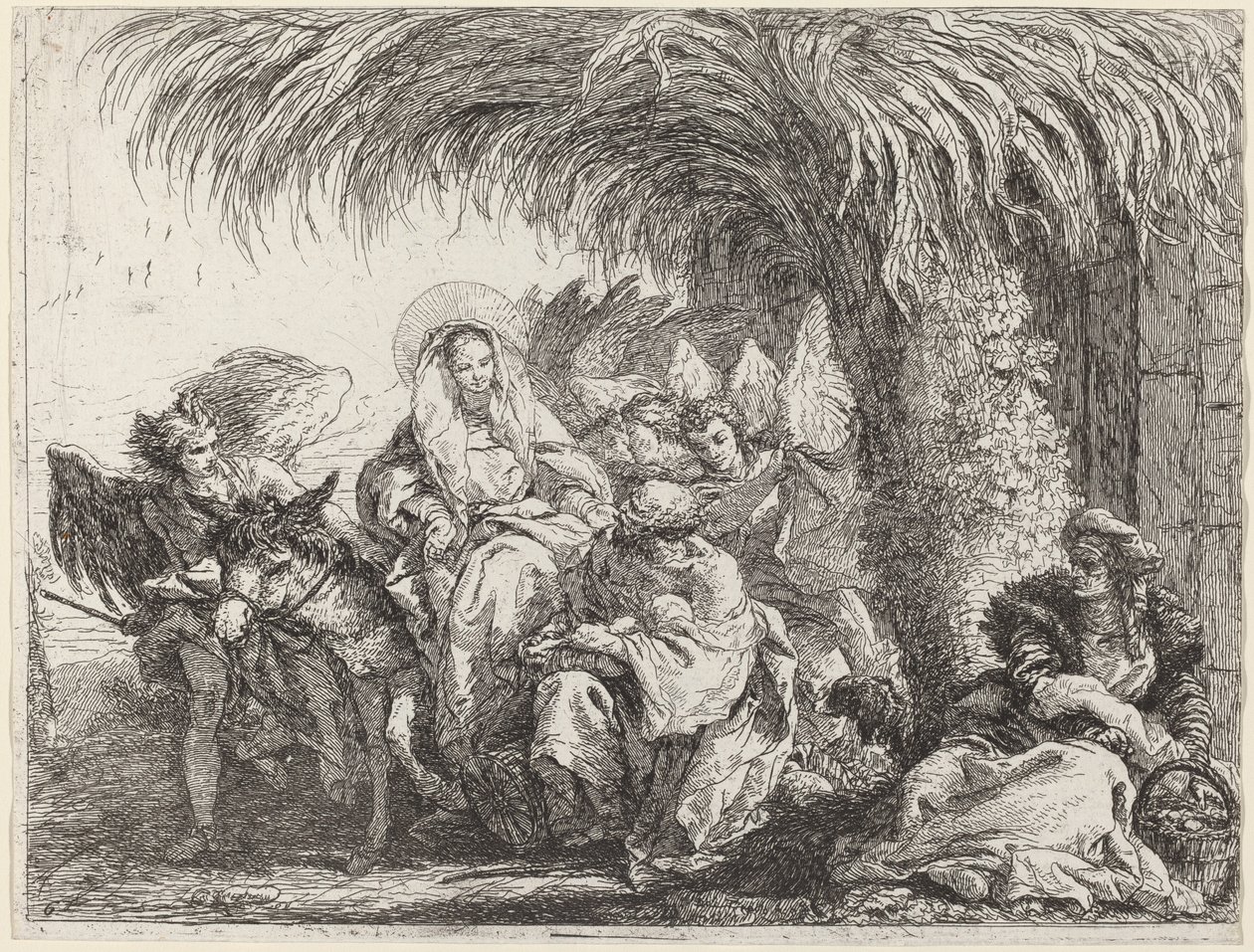Josef klečí s dítětem před Marií na oslu od Giovanni Domenico Tiepolo