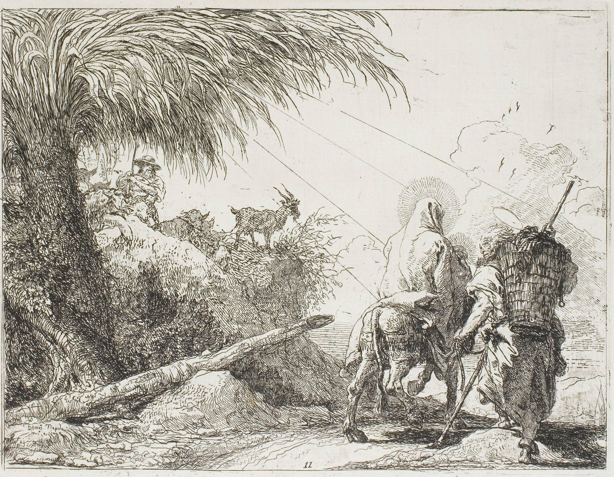 Josef a Marie procházející kolem pastýře a jeho stáda, deska jedenáct z Útěk do Egypta od Giovanni Domenico Tiepolo