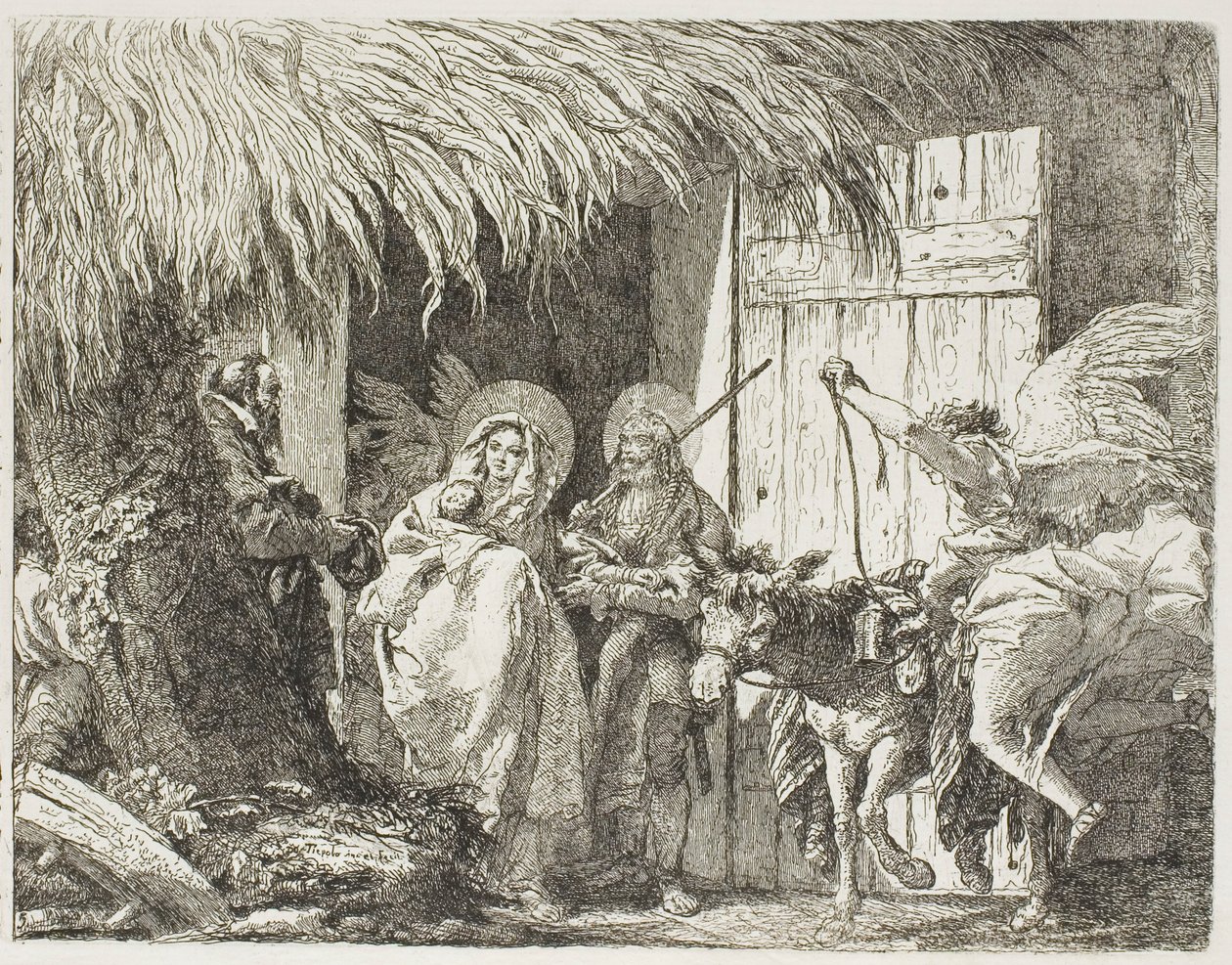 Joseph a Mary Seeking Shelter, deska 5 z Útěk do Egypta od Giovanni Domenico Tiepolo