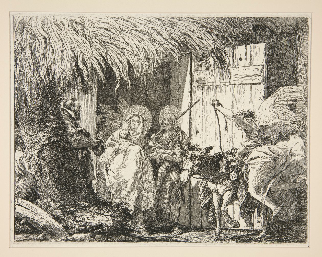 Josef a Marie před domem, ze série Idee pittoresche sopra la fuga in Egitto (Útěk do Egypta) od Giovanni Domenico Tiepolo