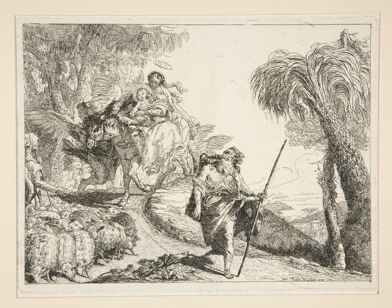 Josef s pannou a dítětem, ze série Idee pittoresche sopra la fuga in Egitto (Útěk do Egypta) od Giovanni Domenico Tiepolo