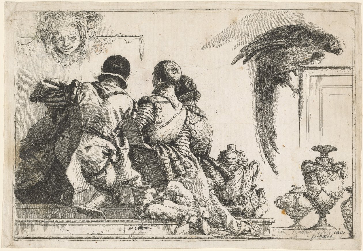 Klečící stránky, maska a papoušek od Giovanni Domenico Tiepolo