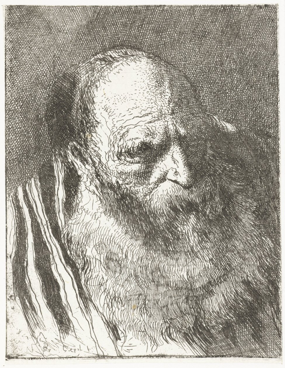 Muž s plnovousem v pruhovaném plášti Sbírka hlav (název série) Raccolta di Teste (název série) od Giovanni Domenico Tiepolo