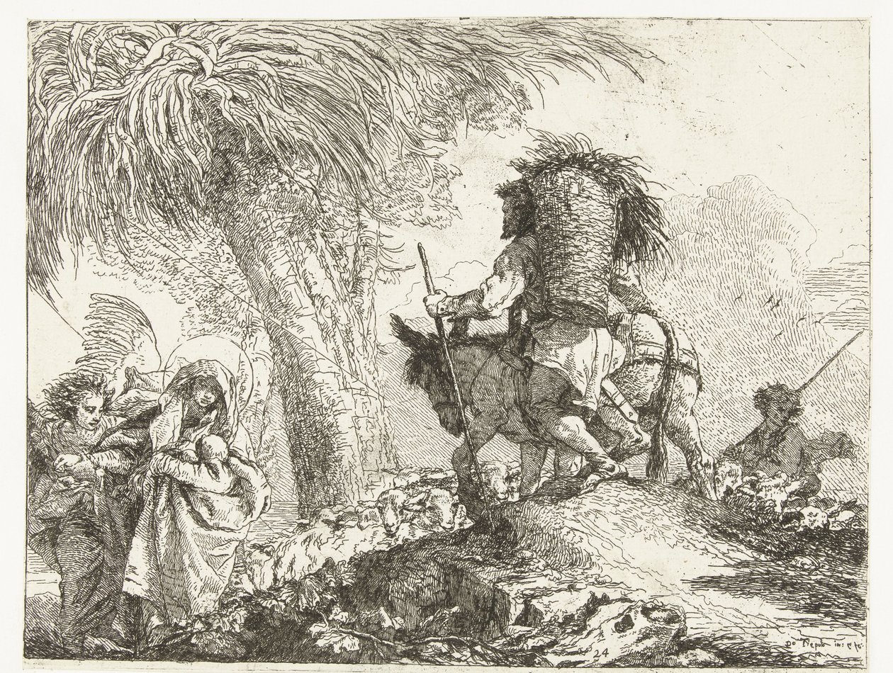 Marie s dítětem podpíraná andělem a Josef vede osla kolem pastýře s ovečkami Let do Egypta (název seriálu) Idea malebné sopra la fugga v Egittu (název série) od Giovanni Domenico Tiepolo