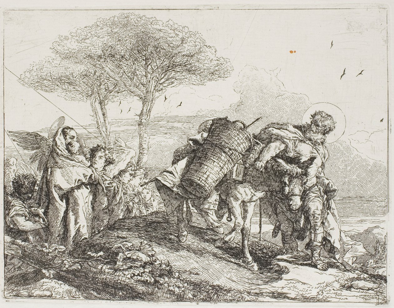 Marie, s pomocí dvou andělů, následuje Josefa s oslem, deska 25 z Útěk do Egypta od Giovanni Domenico Tiepolo