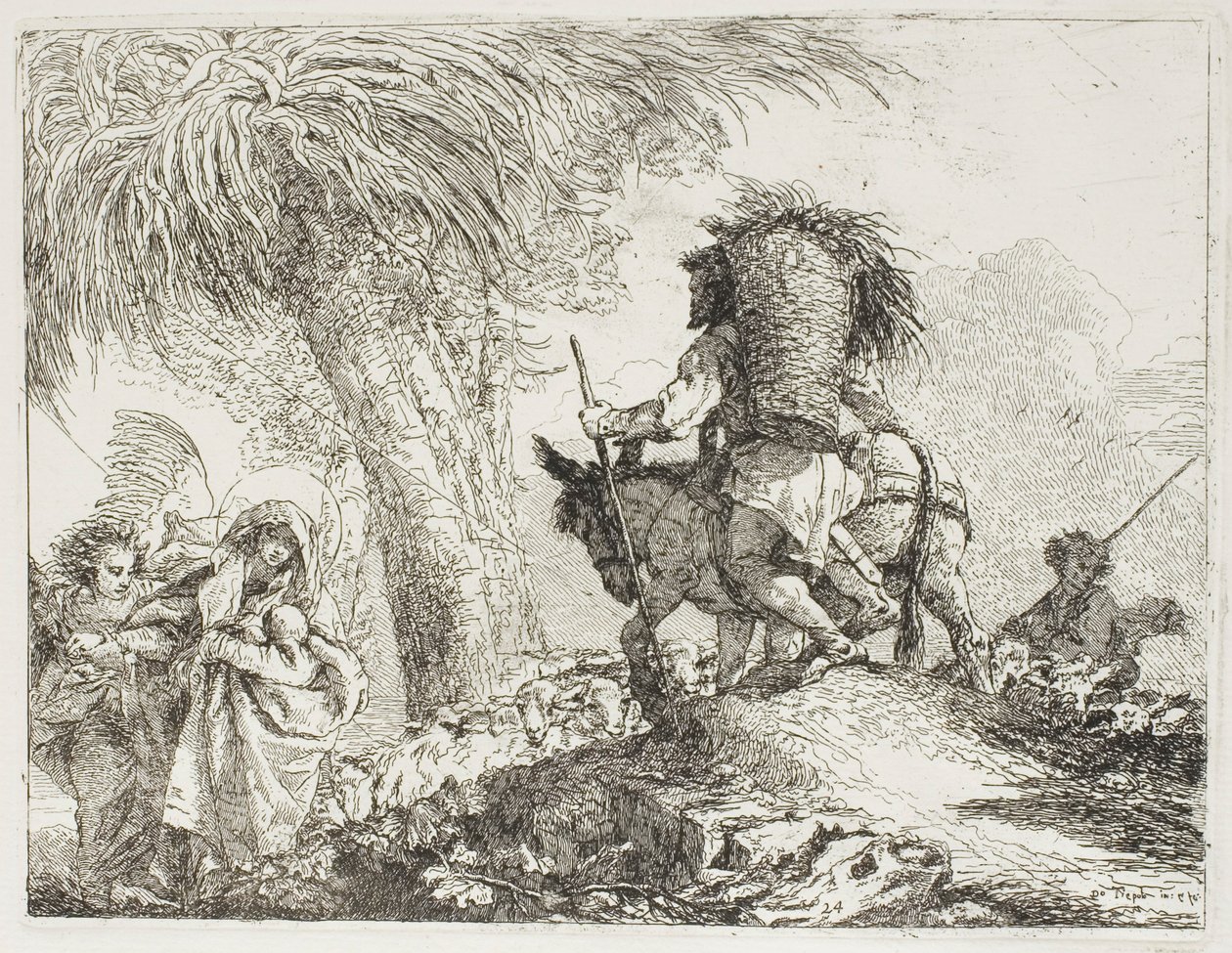 Marie, s pomocí anděla, a Josef nesoucí košík, míjející stádo, deska 24 z Útěk do Egypta od Giovanni Domenico Tiepolo