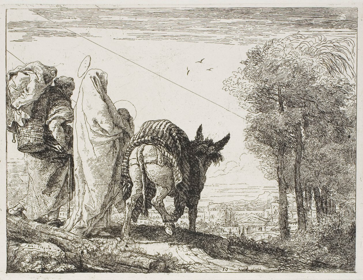 Marie držící dítě v náručí a Josef s košíkem, deska deset z Útěk do Egypta od Giovanni Domenico Tiepolo