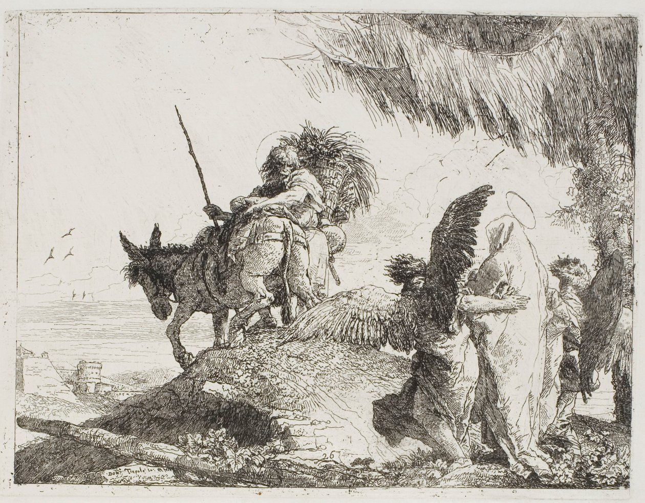 Marie, podporovaná dvěma anděly, následuje Josefa, deska 26 z Útěk do Egypta od Giovanni Domenico Tiepolo