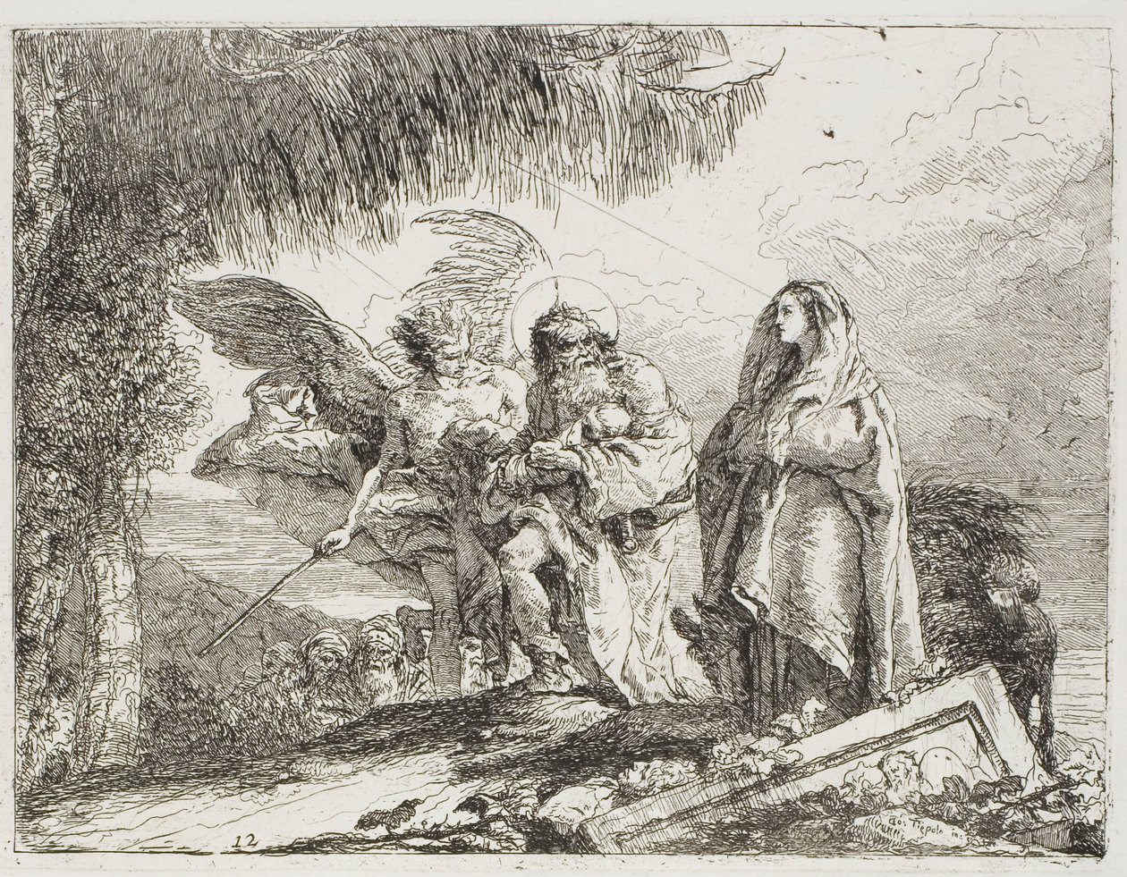Marie a Josef, držící dítě, jsou doprovázeni andělem, deska dvanáct z Útěk do Egypta od Giovanni Domenico Tiepolo