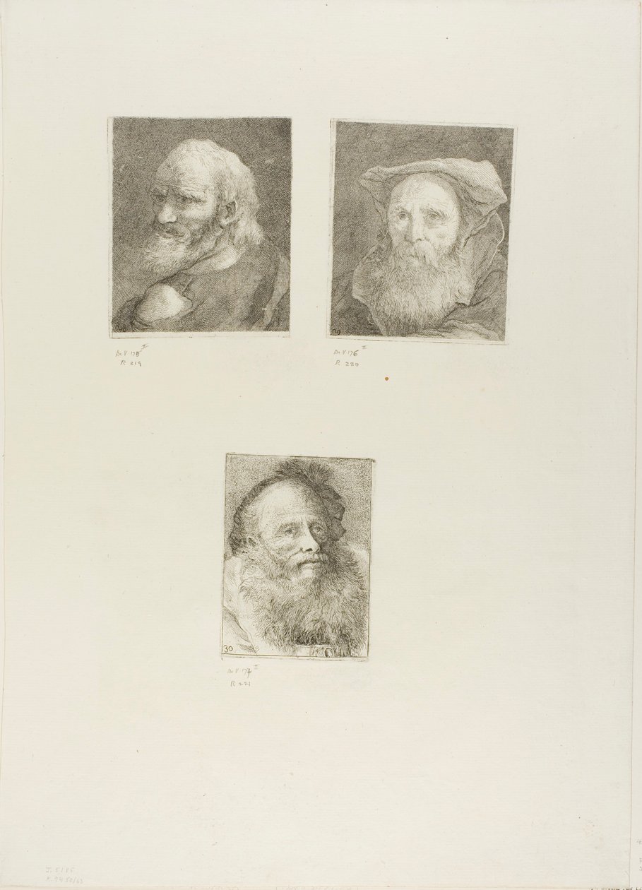 Starý muž s vousy, Vousatý starý muž s kloboukem, Starý muž s ozdobnou čepicí od Giovanni Domenico Tiepolo