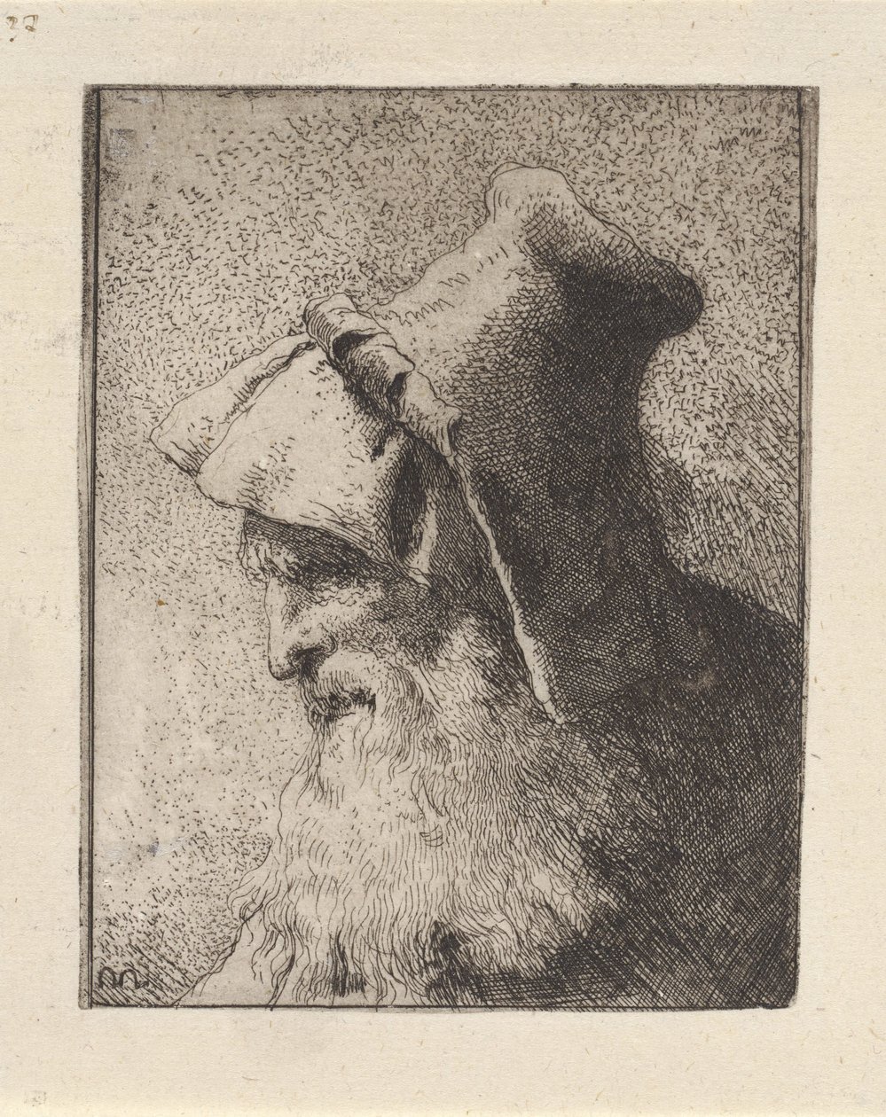 Profil staršího muže s vousy, z díla „Raccolta di Teste“ (Sbírka hlav) od Giovanni Domenico Tiepolo