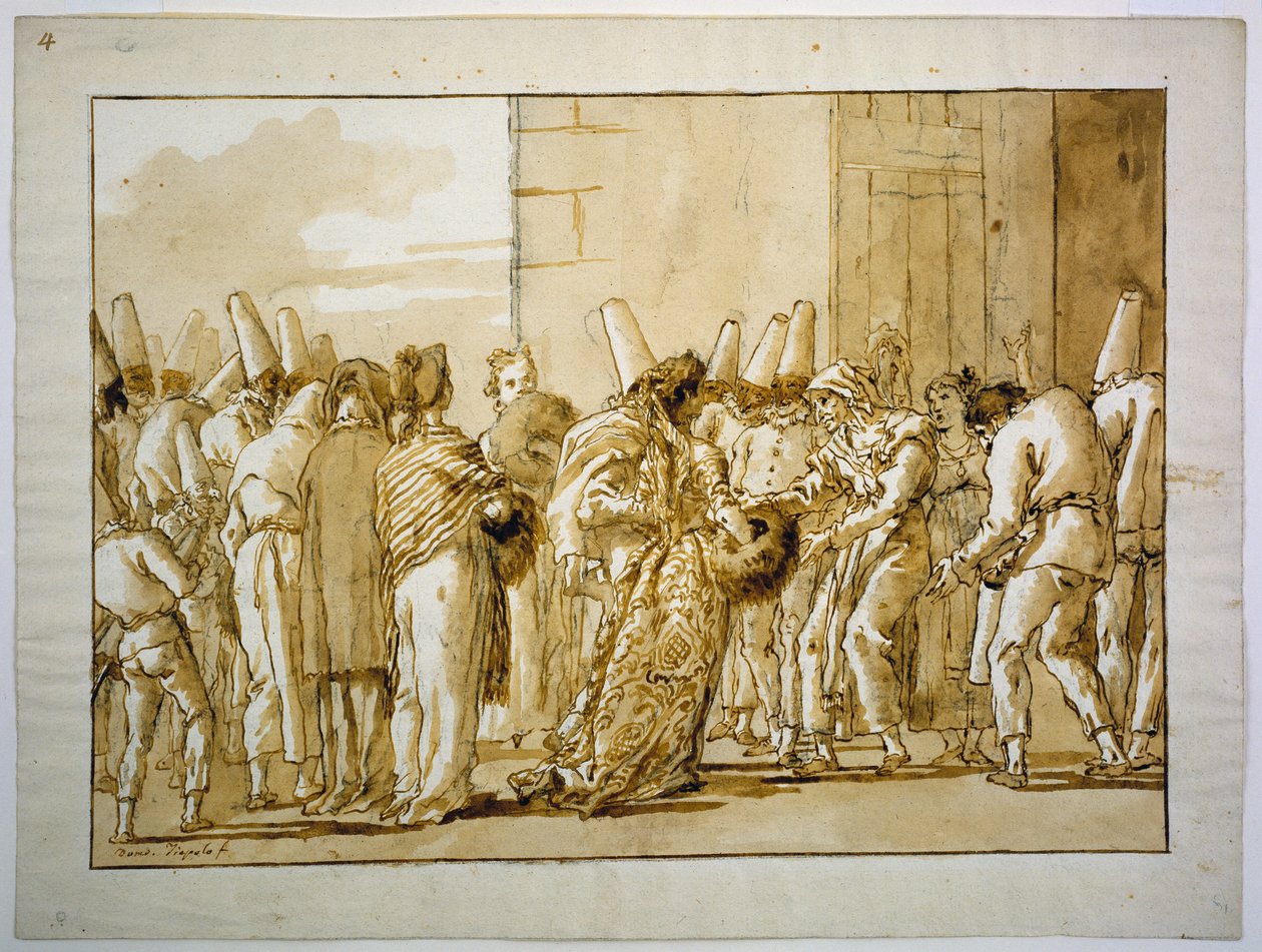 Punchinellas Vater bringt seine Braut nach Hause od Giovanni Domenico Tiepolo