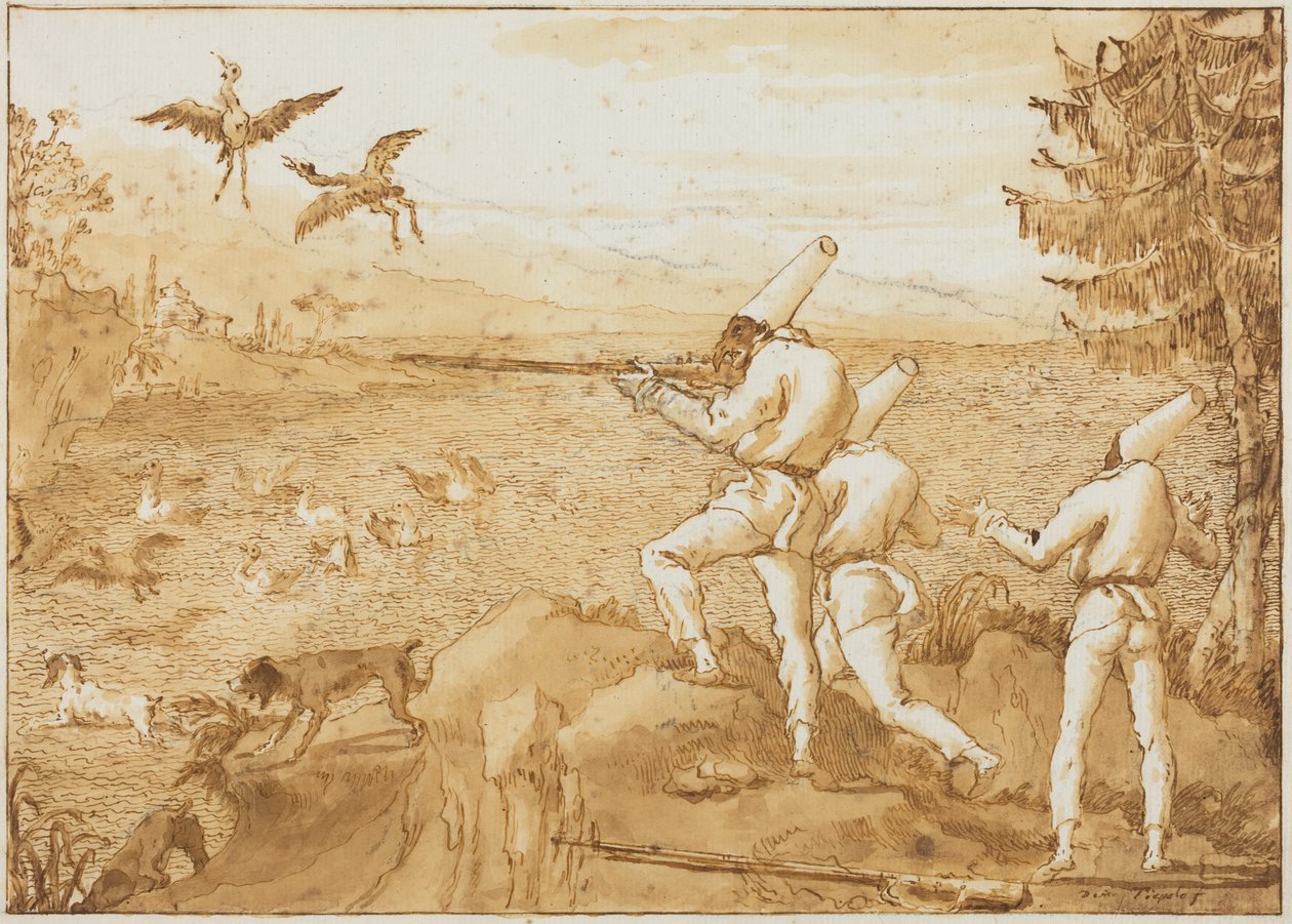 Punchinellové lovící vodní ptactvo od Giovanni Domenico Tiepolo