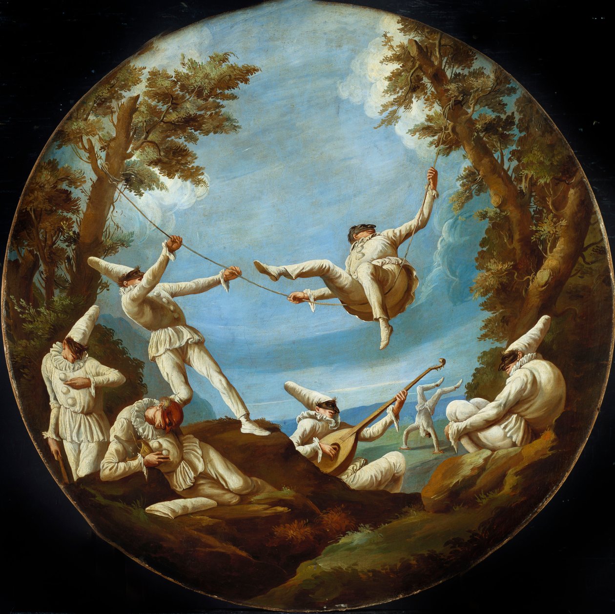 Punchinellos na houpačkách, dělá hudbu a dělá akrobacii v krajině od Giovanni Domenico Tiepolo