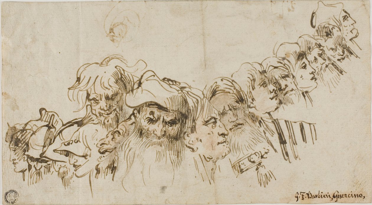 Náčrtky mužských hlav (recto); královna a strana (verso) od Giovanni Domenico Tiepolo