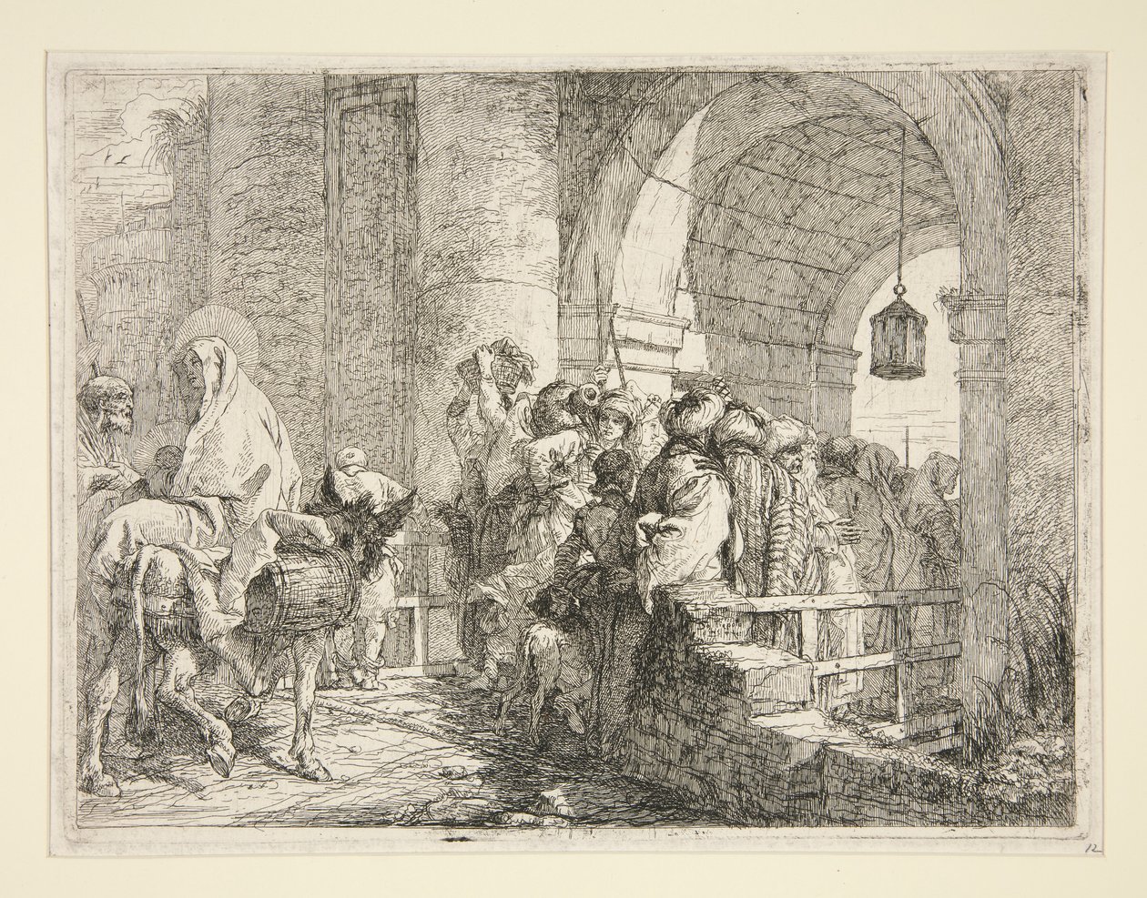 Příchod Svaté rodiny k bráně města, ze série Idee pittoresche sopra la fuga in Egitto (Útěk do Egypta) od Giovanni Domenico Tiepolo