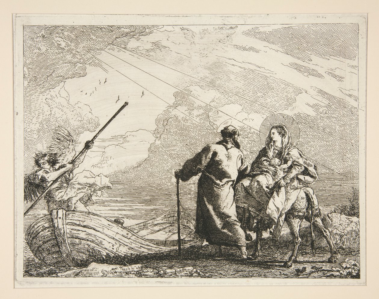 Svatá rodina přijíždí na okraj řeky, ze série Idee pittoresche sopra la fuga in Egitto (Útěk do Egypta) od Giovanni Domenico Tiepolo