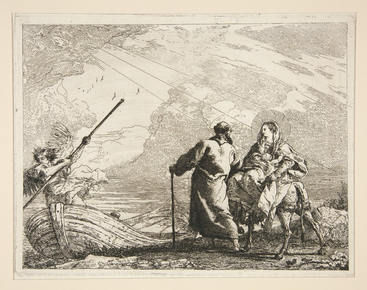 Svatá rodina dorazila k břehu řeky, ze série „Idee pittoresche sopra la fuga in Egitto“ (Útěk do Egypta) od Giovanni Domenico Tiepolo