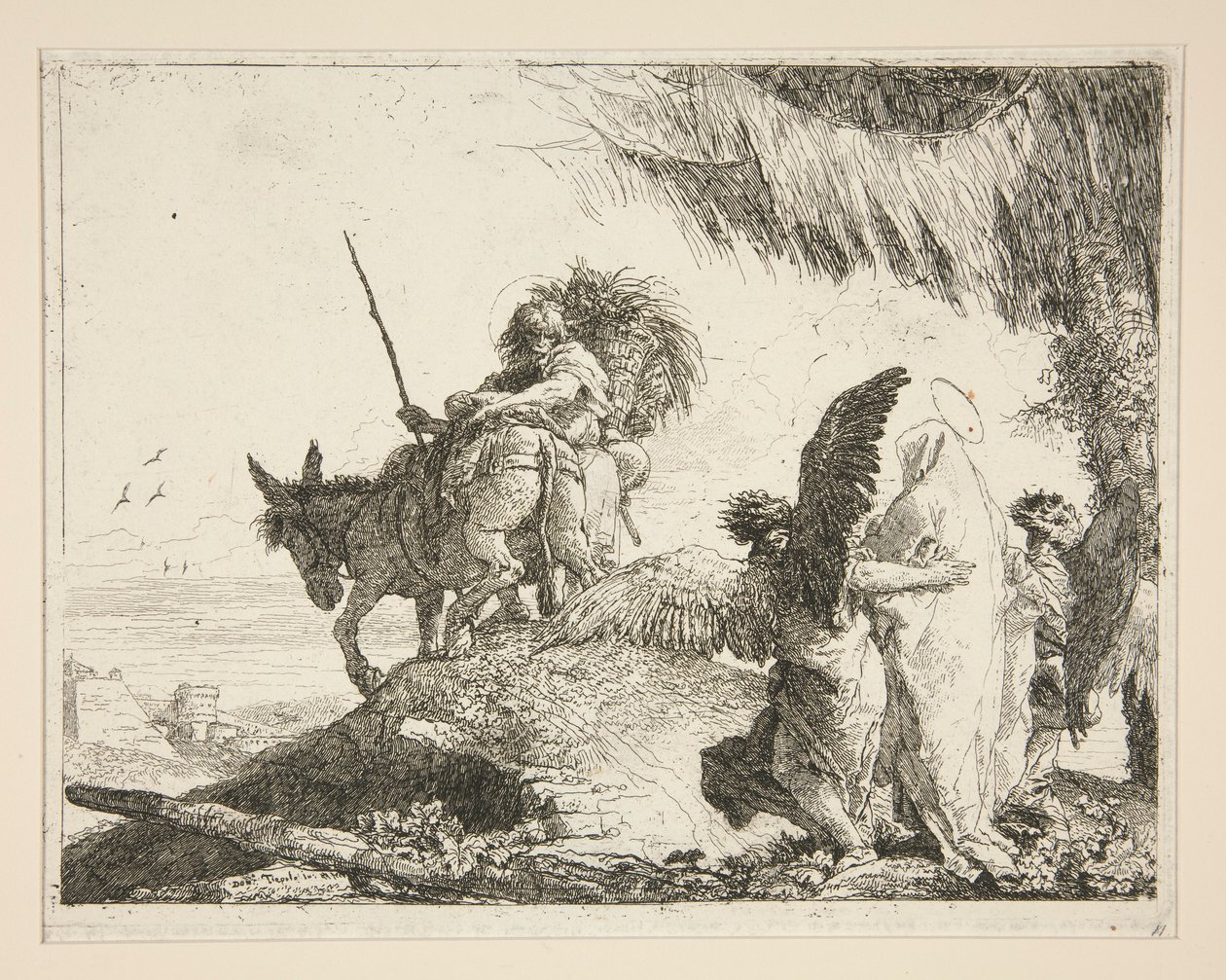 Svatá rodina mezi dvěma anděly, ze série Idee pittoresche sopra la fuga in Egitto (Útěk do Egypta) od Giovanni Domenico Tiepolo