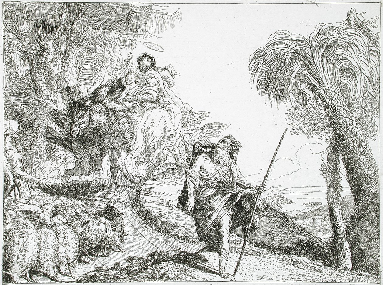Svatá rodina sestupující lesní cestou poblíž stáda a několika pastýřů od Giovanni Domenico Tiepolo
