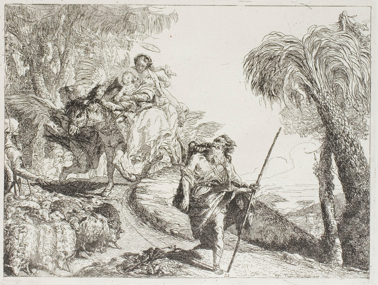Svatá rodina sestupuje lesní cestou, poblíž stáda a několika pastýřů, deska 21 z Útěk do Egypta od Giovanni Domenico Tiepolo