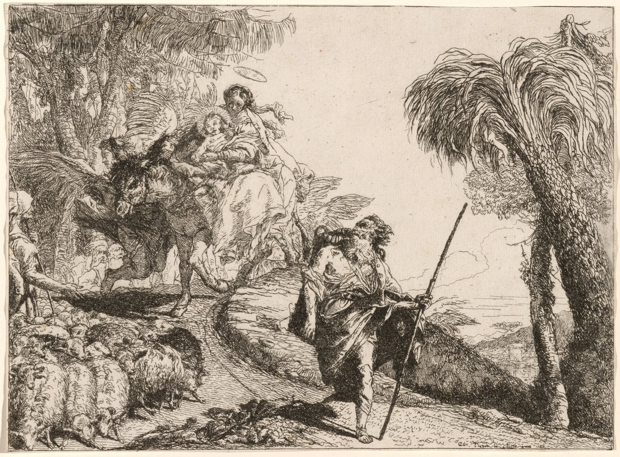 Svatá rodina sestupuje po stezce poblíž pastýřů od Giovanni Domenico Tiepolo