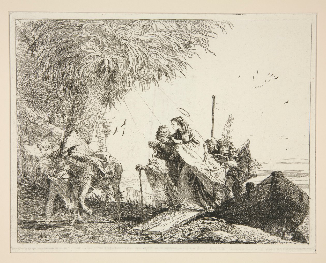 Vylodění Svaté rodiny, ze série Malebné nápady nad útěkem do Egypta (Flight into Egypt) od Giovanni Domenico Tiepolo