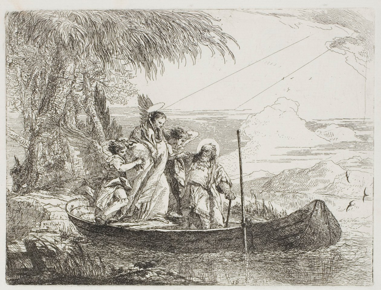 Svatá rodina nastupuje s pomocí andělů na loď, deska šestnáctá z Útěk do Egypta od Giovanni Domenico Tiepolo