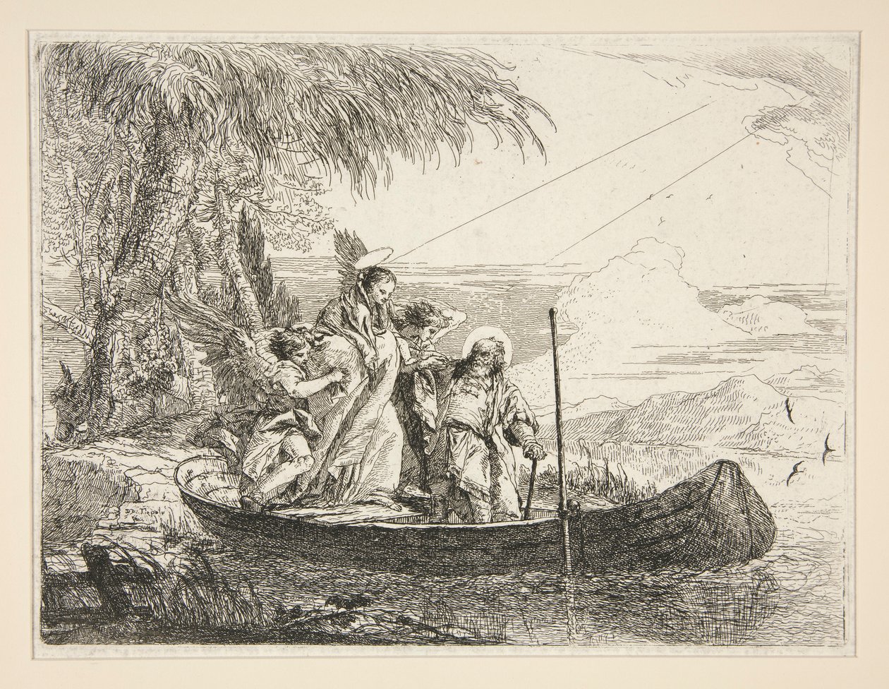 Svatá rodina vchází na loď, ze série Idee pittoresche sopra la fuga in Egitto (Útěk do Egypta) od Giovanni Domenico Tiepolo