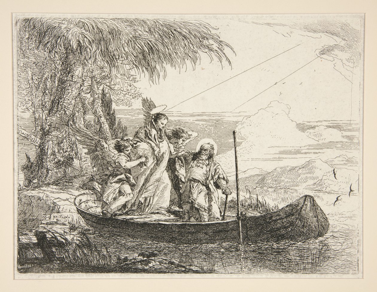 Svatá rodina nastupuje do člunu, ze série „Idee pittoresche sopra la fuga in Egitto“ (Útěk do Egypta) od Giovanni Domenico Tiepolo