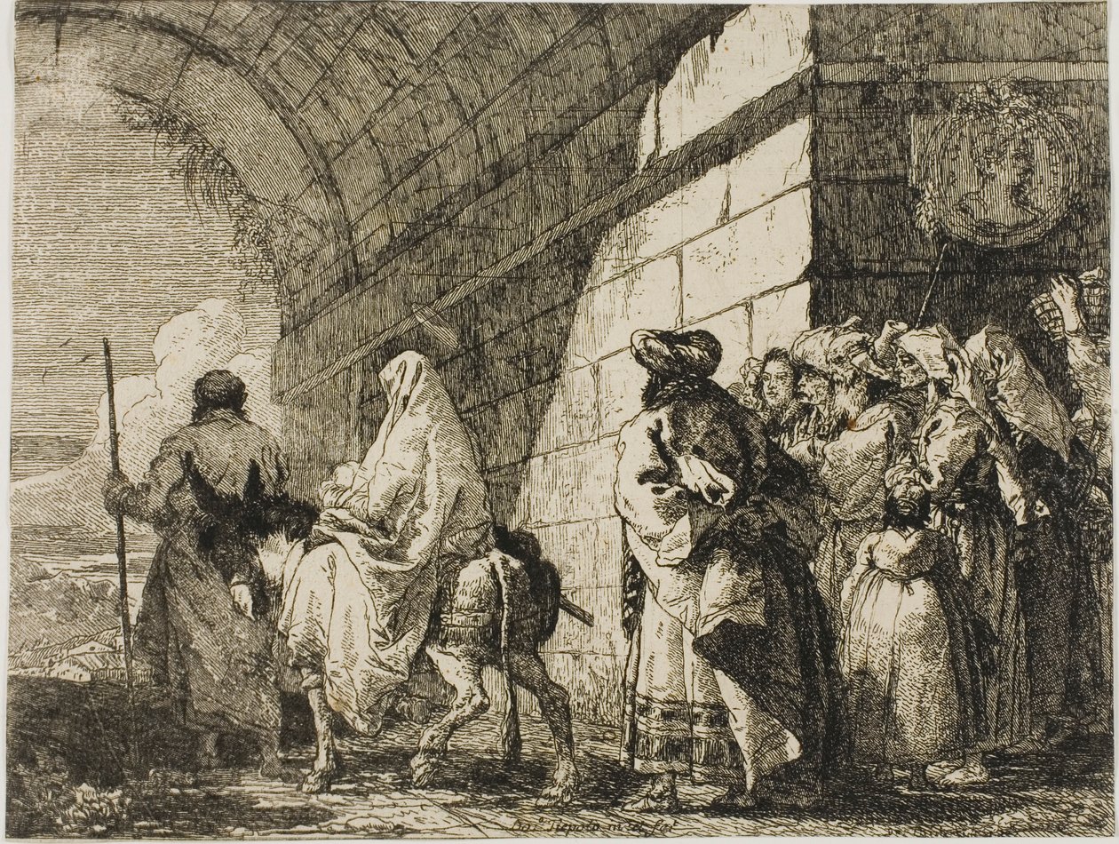 Svatá rodina odchází městskou bránou, deska sedm z Útěk do Egypta od Giovanni Domenico Tiepolo