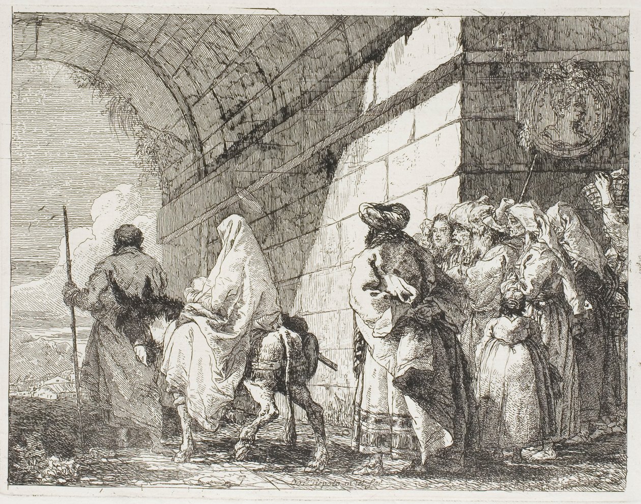 Svatá rodina odchází městskou bránou, deska sedm z Útěk do Egypta od Giovanni Domenico Tiepolo