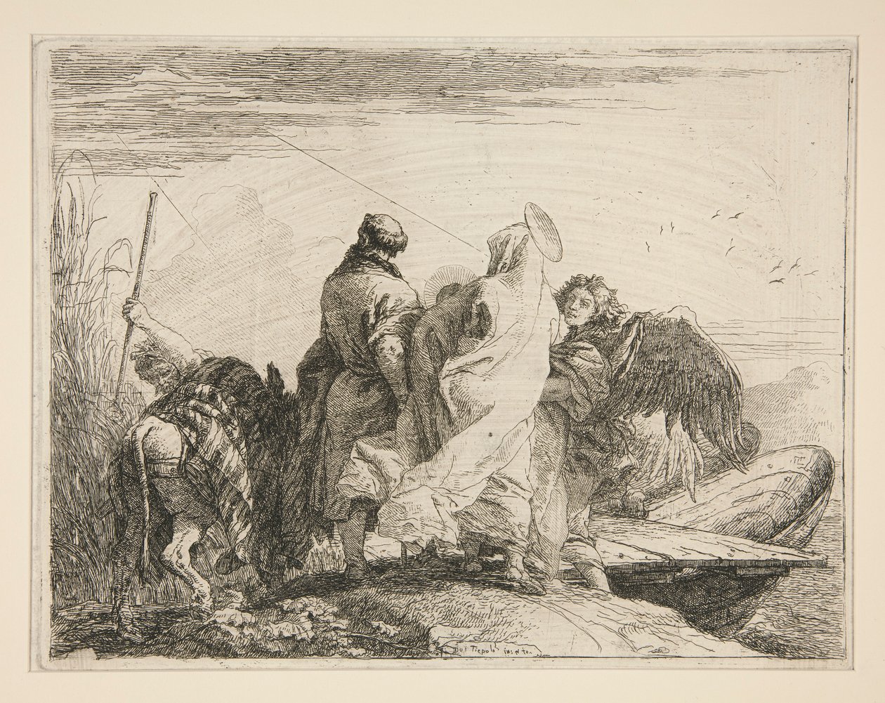 Svatá rodina opouštějící břeh řeky, ze série Idee pittoresche sopra la fuga in Egitto (Útěk do Egypta) od Giovanni Domenico Tiepolo