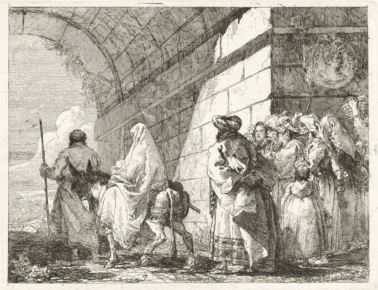 Svatá rodina prochází pod městskou bránou od Giovanni Domenico Tiepolo