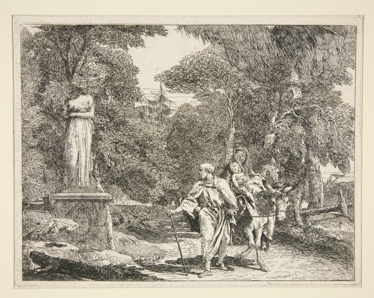 Svatá rodina procházející u sochy, ze série Idee pittoresche sopra la fuga in Egitto (Útěk do Egypta) od Giovanni Domenico Tiepolo