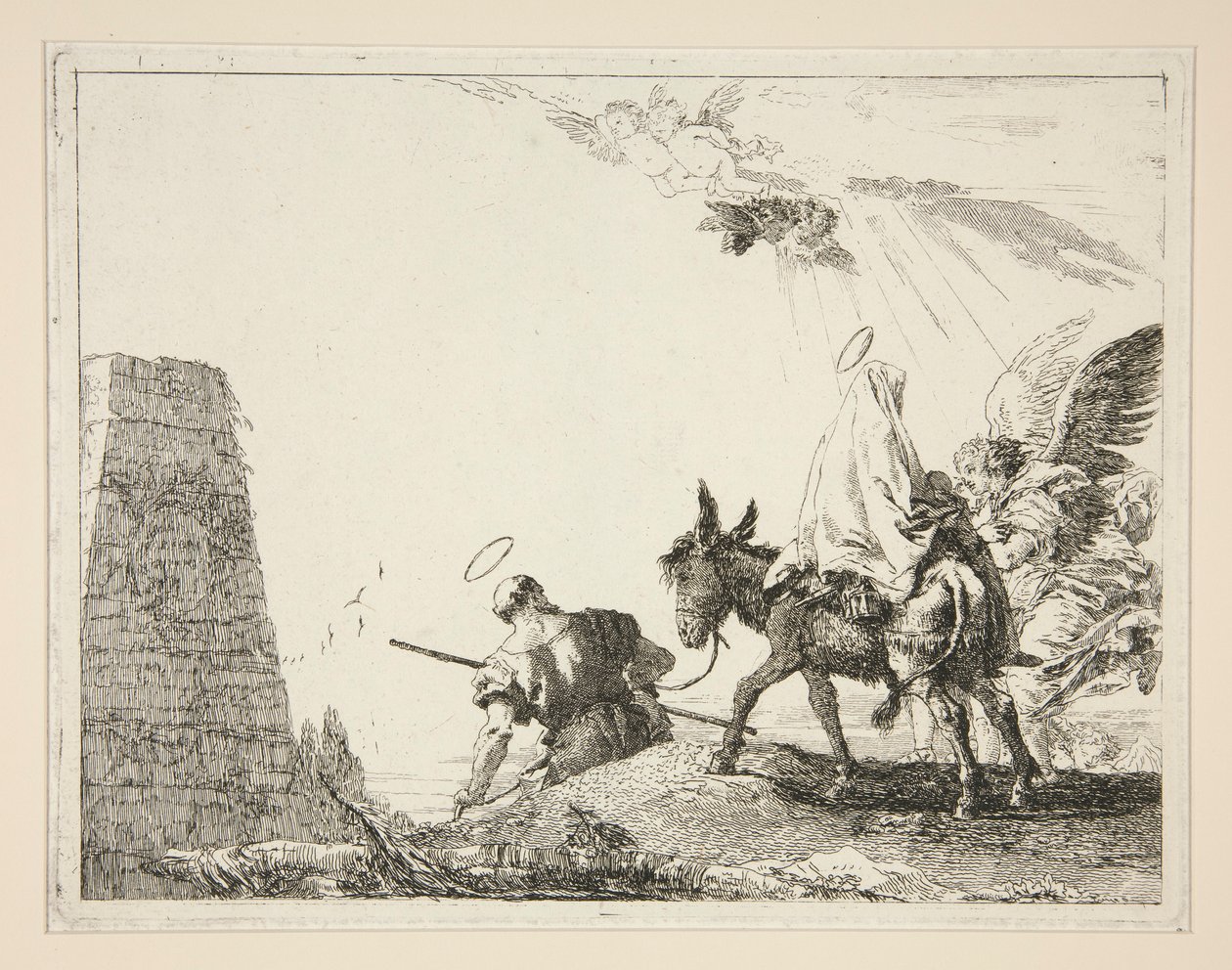 Svatá rodina procházející pyramidou ze série Idee pittoresche sopra la fuga in Egitto (Útěk do Egypta) od Giovanni Domenico Tiepolo