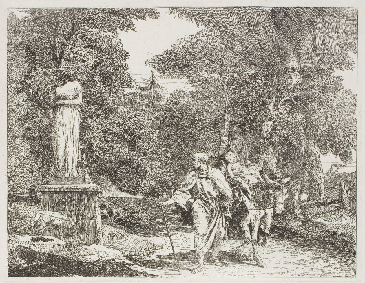 Svatá rodina předává sochu, jejíž hlava padá na zem, deska 22 z Útěk do Egypta od Giovanni Domenico Tiepolo