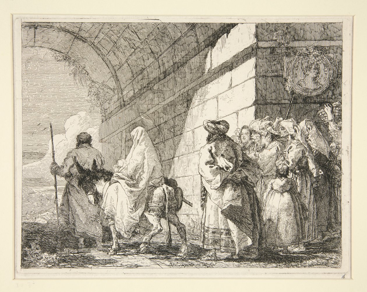 Svatá rodina procházející pod obloukem, odcházející městskou bránou, ze série Idee pittoresche sopra la fuga in Egitto (Útěk do Egypta) od Giovanni Domenico Tiepolo