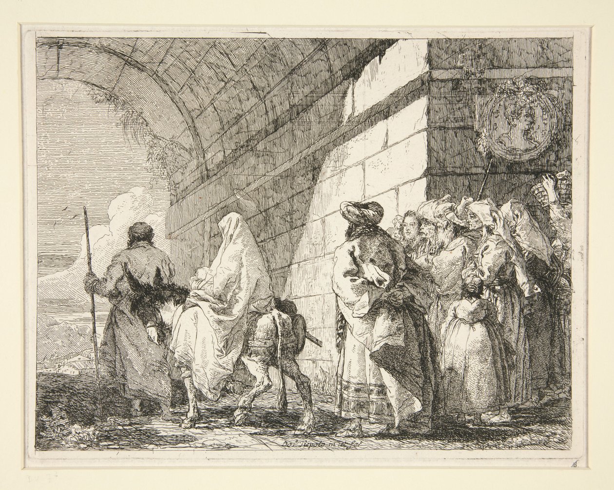 Svatá rodina procházející pod obloukem a opouštějící město branou, ze série „Idee pittoresche sopra la fuga in Egitto“ (Útěk do Egypta) od Giovanni Domenico Tiepolo