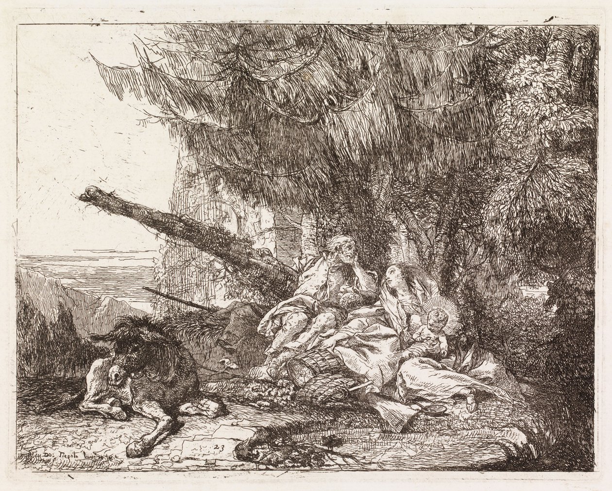 Svatá rodina odpočívající pod jedlí (Útěk do Egypta XXIII) od Giovanni Domenico Tiepolo