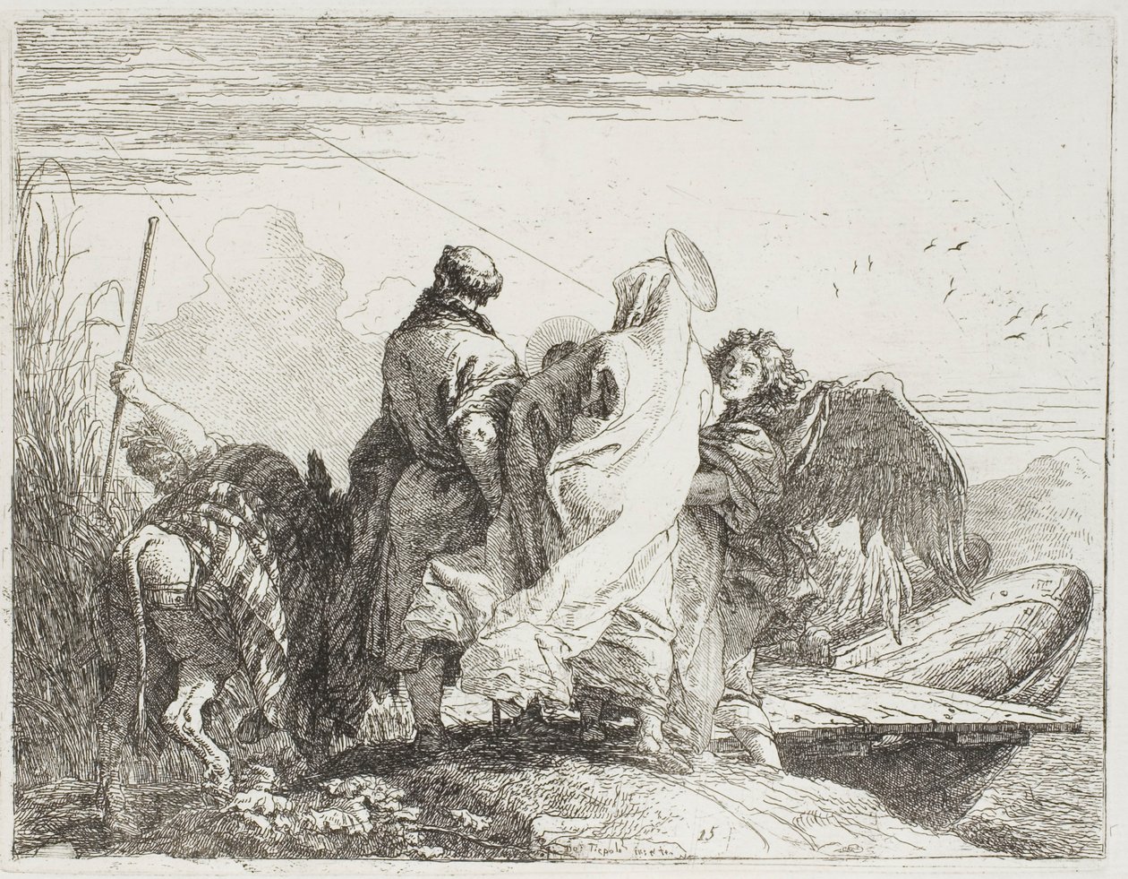 The Holy Family Stepping Off the Bank, deska patnáct z Útěk do Egypta od Giovanni Domenico Tiepolo