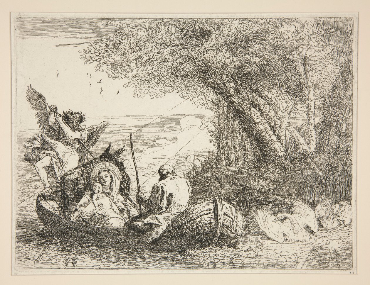 Svatá rodina na cestě lodí, ze série Idee pittoresche sopra la fuga in Egitto (Útěk do Egypta) od Giovanni Domenico Tiepolo